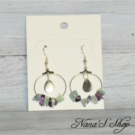 Boucles d'oreilles pierre fluorite, tons vert et violet.