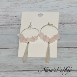 Boucles d'oreilles longues, pierre Quartz Rose, coloris rose pâle.