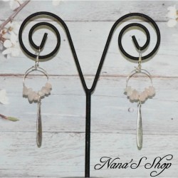 Boucles d'oreilles longues, pierre Quartz Rose, coloris rose pâle.