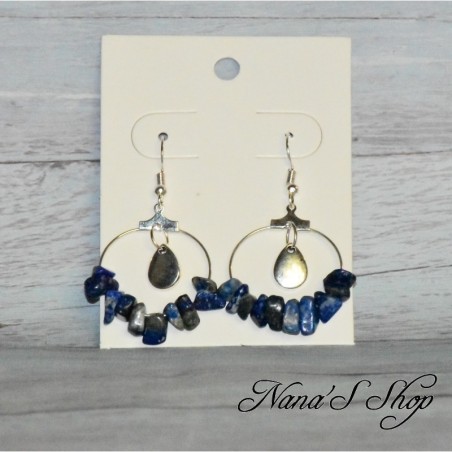 Boucles d'oreilles pierre Dumortiérite, tons bleu gris.