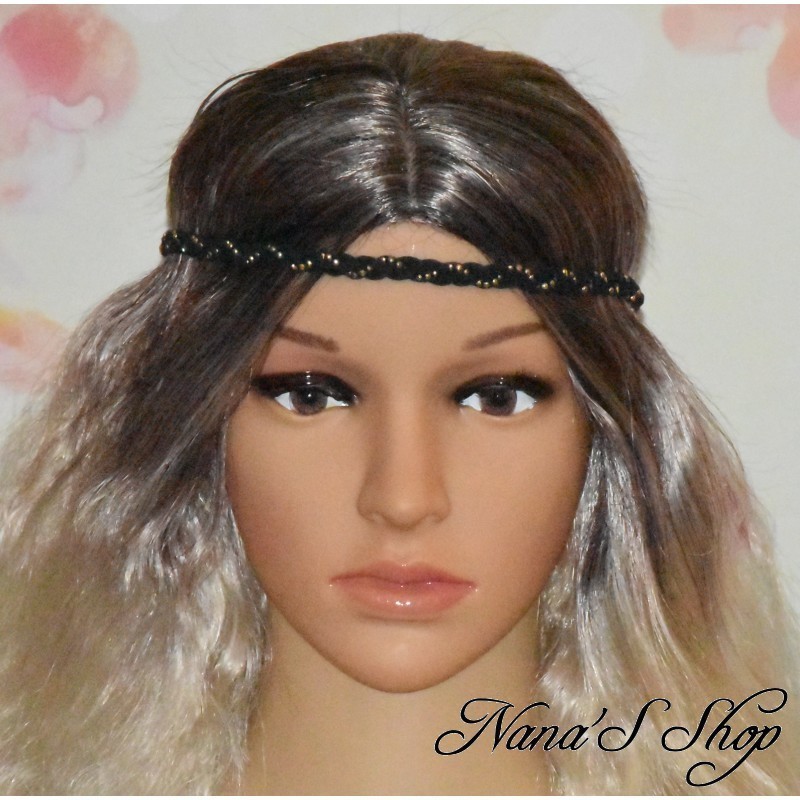 Headband tressé, suédine uni, strass doré, coloris noir.