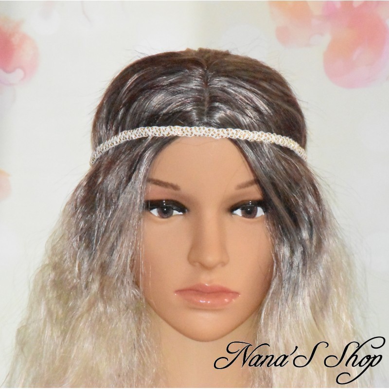 Headband tressé en suédine strass doré, coloris blanc.