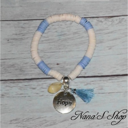 Bracelet perles heishi, pendentif message & tassel, coloris blanc et bleu.