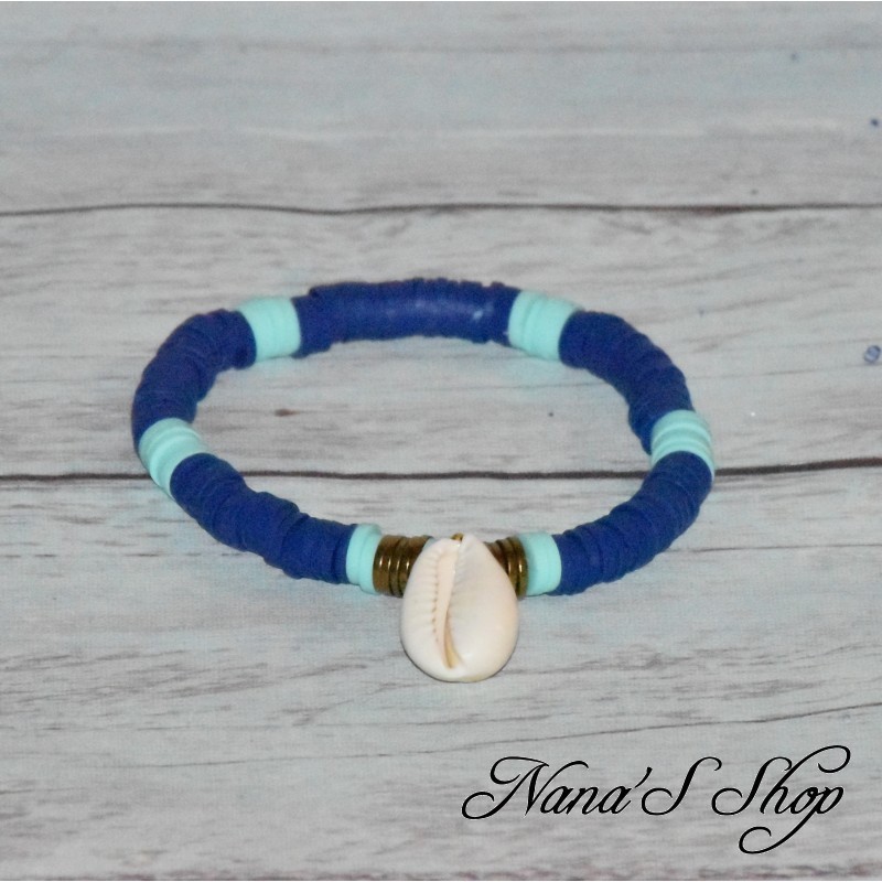 Bracelet perles heishi colorées & véritable cauris, coloris bleu foncé et menthe.