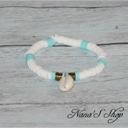 Bracelet perles heishi colorées & véritable cauris, coloris blanc et menthe.