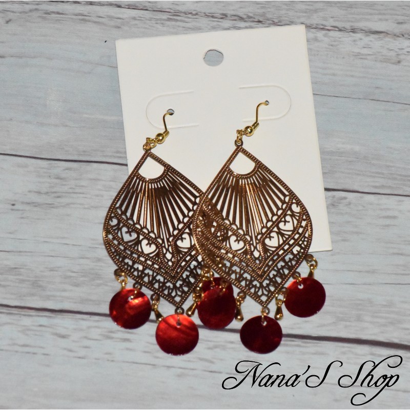 Boucles d'oreilles estampes dorées, petit rond nacre, coloris rouge.