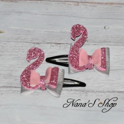 Barrettes Clic-clac, Fantaisie, à paillettes, Modèle 2 flamand rose.
