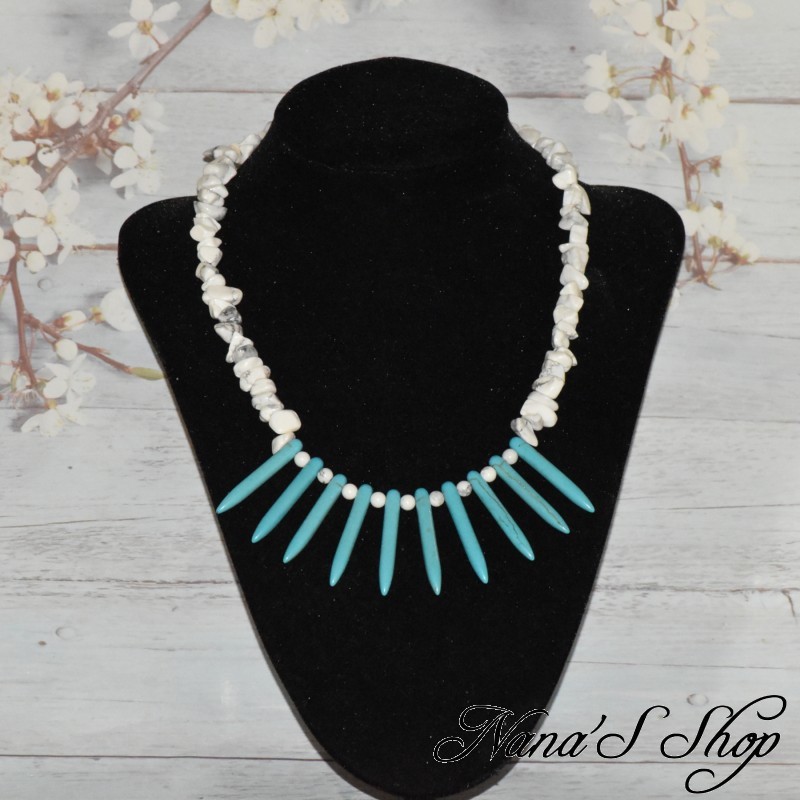 Collier en perles de Howlite, coloris Blanc et Turquoise