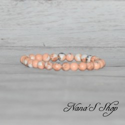 Bracelet élastique en perles de Calcite, coloré corail, beige et bleu.