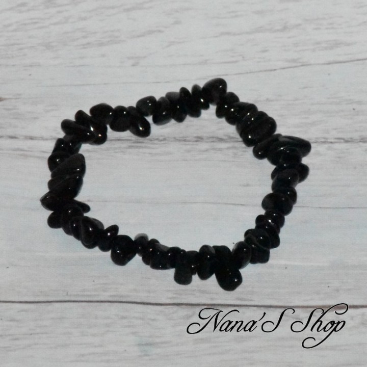Bracelet élastique en perles naturelle irrégulière, Obsidienne couleur noir et et de légère nuance de gris