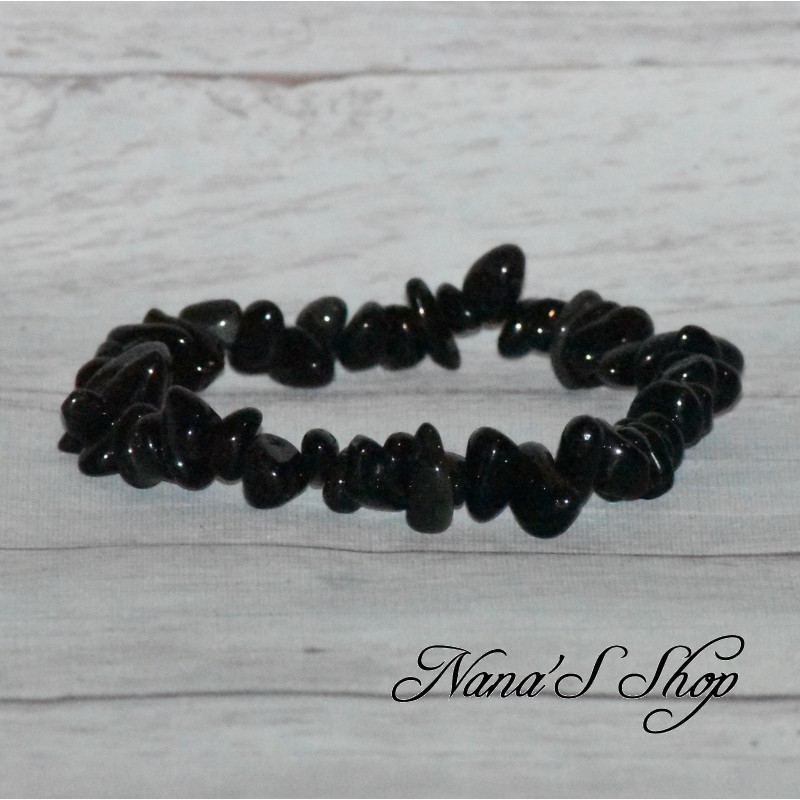Bracelet élastique en perles naturelle irrégulière, Obsidienne couleur noir et et de légère nuance de gris