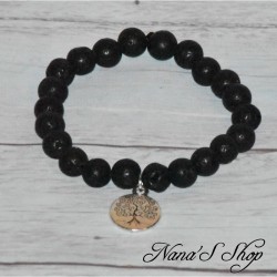 Bracelet élastique en perles de lave noire ronde non teinté et pendentif médaillon Arbre de vie.