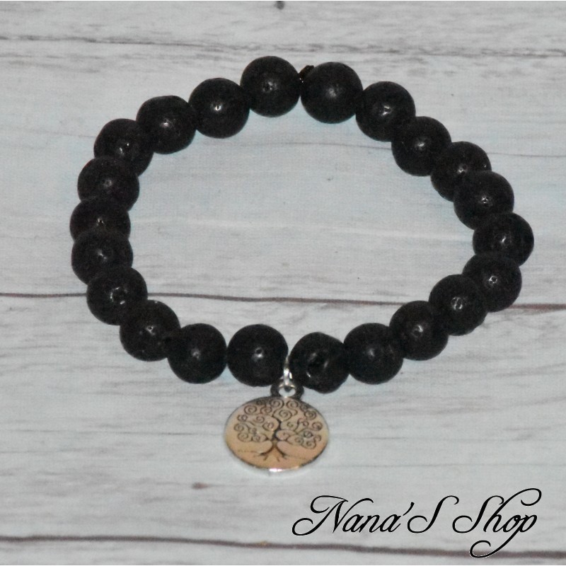 Bracelet élastique en perles de lave noire ronde non teinté et pendentif médaillon Arbre de vie. Bracelet élastique en perles de lave noire ronde non teinté et pendentif médaillon Arbre de vie.