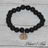 Bracelet élastique en perles de lave noire ronde non teinté et pendentif médaillon Arbre de vie.