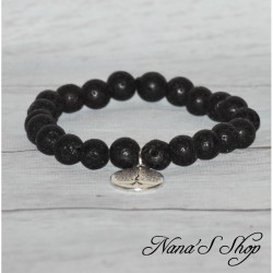 Bracelet élastique en perles de lave noire ronde non teinté et pendentif médaillon Arbre de vie.
