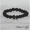Bracelet élastique en perles de lave noire ronde non teinté et pendentif médaillon Arbre de vie.