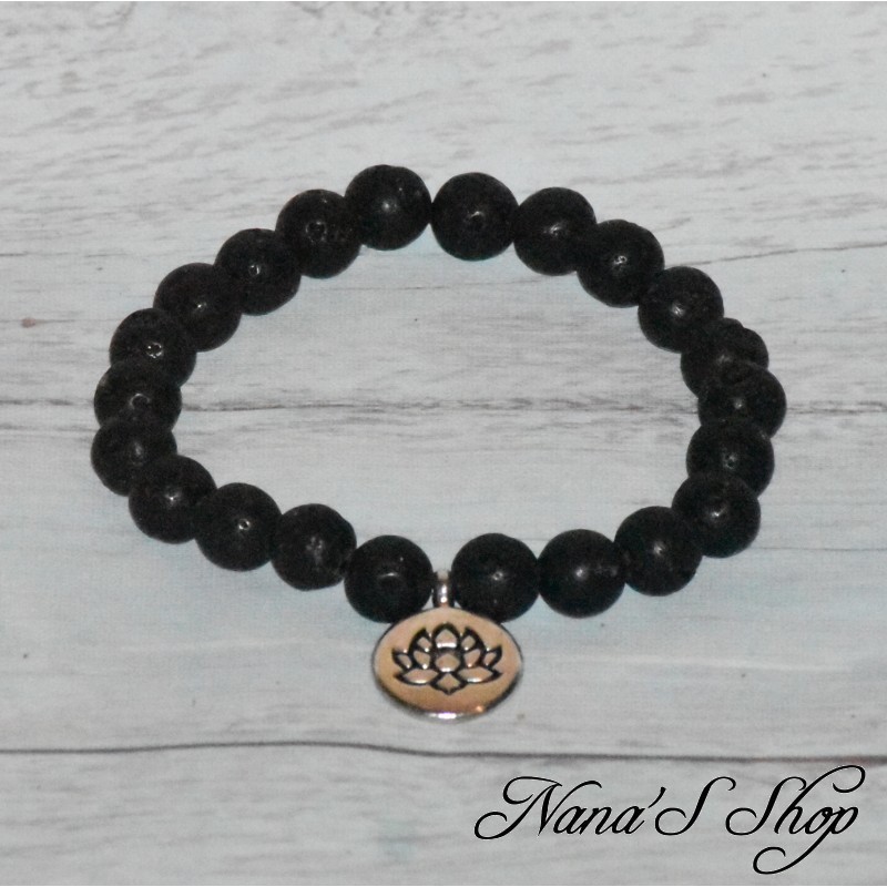 Bracelet élastique en perles de lave noire ronde non teinté et pendentif médaillon Fleur de Lotus.