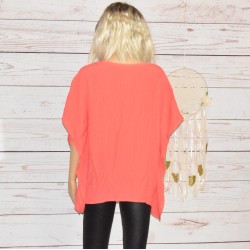 Blouse poncho oversize, modèle Donna, Desigual, coloris corail, dos.