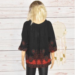 Blouse épaules dénudées, Eire, Desigual, coloris noir imprimé rouge, dos.