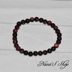 Bracelet élastique en perles naturelle œil de taureau, dans les tons rouge marron foncé.