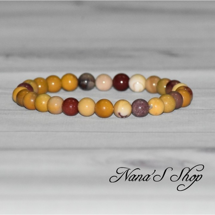 Bracelet en perle de Jaspe Mokaïte, coloris jaune, marron et rouge, fait main.