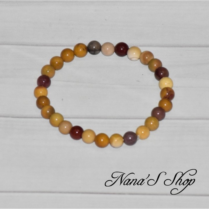Bracelet en perle de Jaspe Mokaïte, coloris jaune, marron et rouge, fait main.