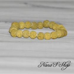 Bracelet élastique en perles ronde de lave teintée de 8mm, coloris jaune moutarde.