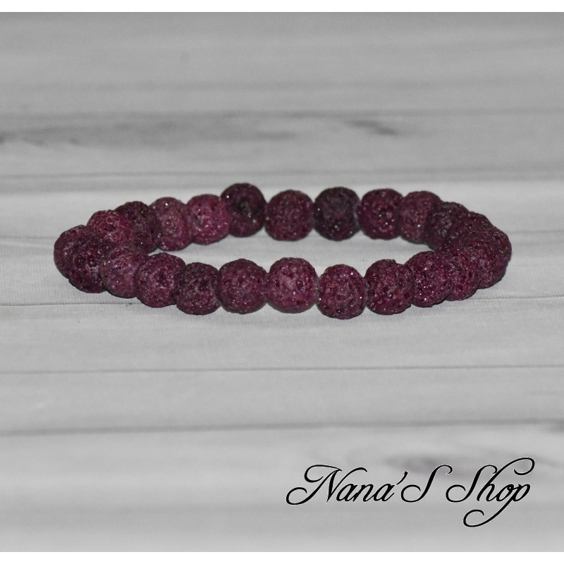 Bracelet élastique en perles ronde de lave teintée de 8mm, coloris violet prune. Bracelet élastique en perles ronde de lave teintée de 8mm, coloris violet prune.