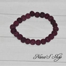Bracelet élastique en perles ronde de lave teintée de 8mm, coloris violet prune.