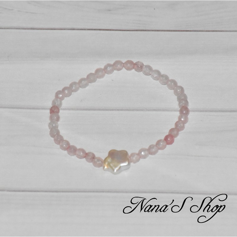 Bracelet élastique en perles naturelle de Quartz ,de couleur rose, à facettes et perles d'eau douce.