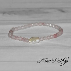 Bracelet quartz rose à facette, perle d' eau douce