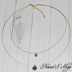 Collier doré double rang, réglable et pendentif pierre en Quartz verte à facette et pendentif Druzy de forme ronde.