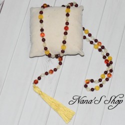 Sautoir Bohème, pompon, style Mala, rouge et jaune.