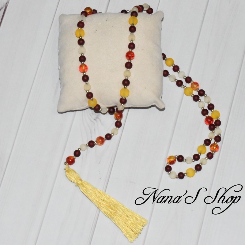 Sautoir Bohème, pompon, style Mala, rouge et jaune. Sautoir Bohème, pompon, style Mala, rouge et jaune.