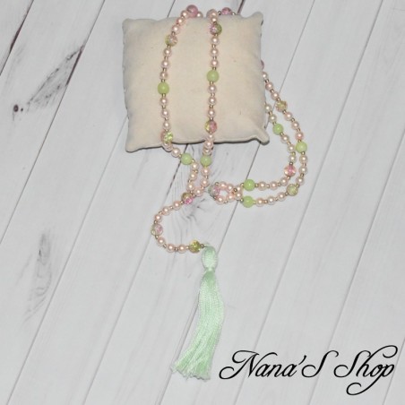 Sautoir Bohème, pompon, style Mala, rose pâle et vert menthe.