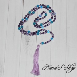 Sautoir Bohème, pompon, style Mala, violet et bleu.