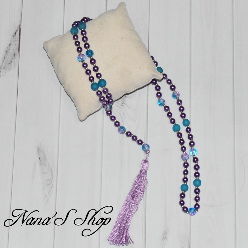 Sautoir Bohème, pompon, style Mala, violet et bleu.