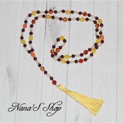 Sautoir Bohème, pompon, style Mala, rouge et jaune.