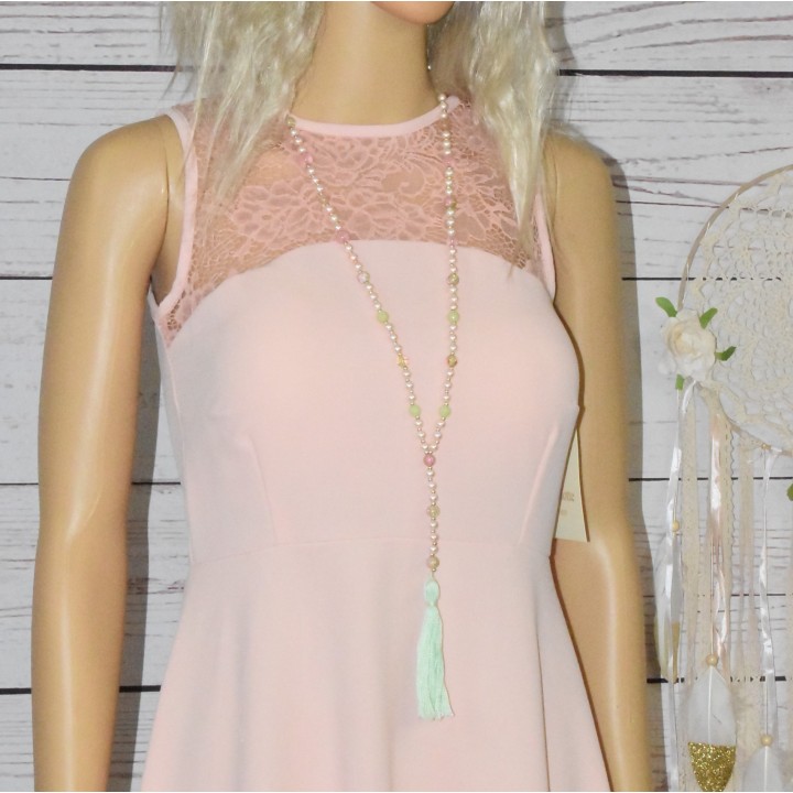 Sautoir Bohème, perles et pompon, style Mala