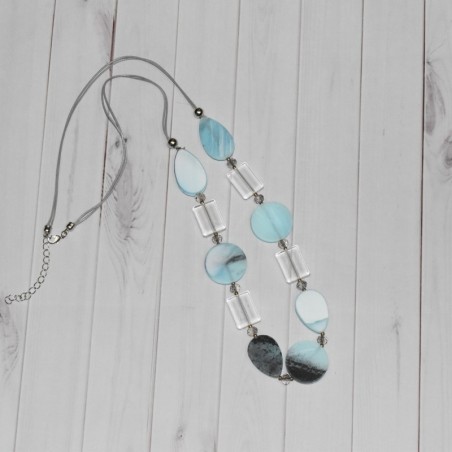 Sautoir ou Collier fantaisie gris et bleu, perles plates, de la marque Nina Kaufmann,