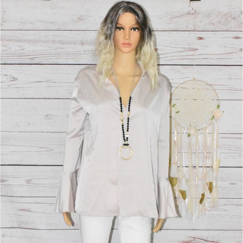 Blouse satinée, manches à volants, Nina Kaufmann