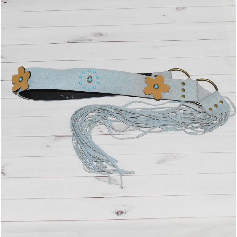 Ceinture fleur à franges en suédine, à nouer, en jeans bleu clair, Ceinture fleur à franges en suédine, à nouer, en jeans bleu clair,