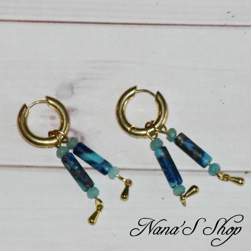 Petite créoles dorée, pendentif pierre, Lapis Lazuli et Jade de Malaisie, coloris bleu turquoise.