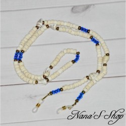 Chaîne à lunette, perles Coco & coquillage, blanc et bleu.