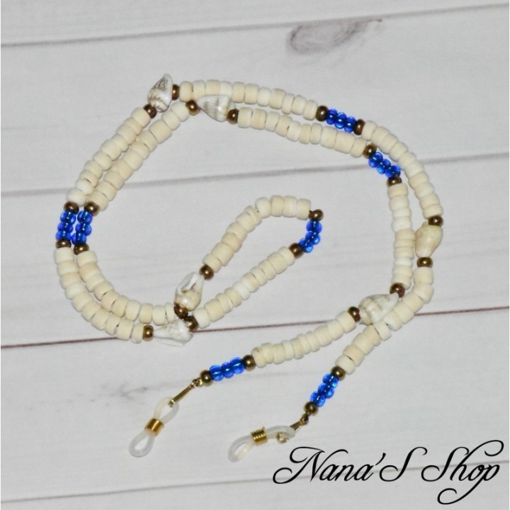 Chaîne à lunette, perles Coco & coquillage, blanc et bleu.