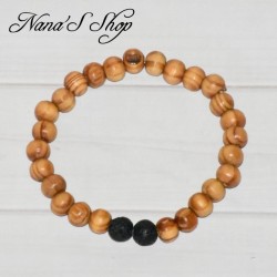 Bracelet élastique mixte, en perles de bois marron et pierre de lave noire.