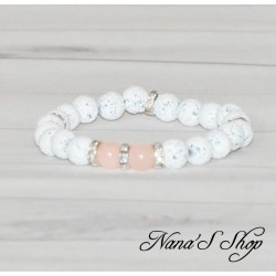 Bracelet élastique, strass, lave teinté & Dolomite, blanc & rose.