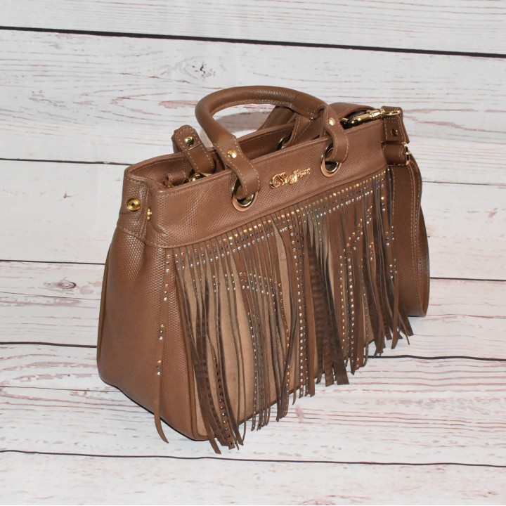 Sac en cuir à franges, Capuccino, Carmen Steffens, coté.