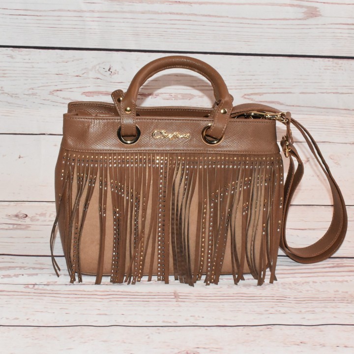 Sac en cuir à franges, Capuccino, Carmen Steffens, avant.