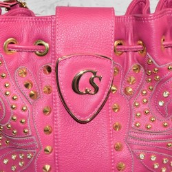 Sac en cuir, Purpura, Carmen Steffens, coloris rose, détail.